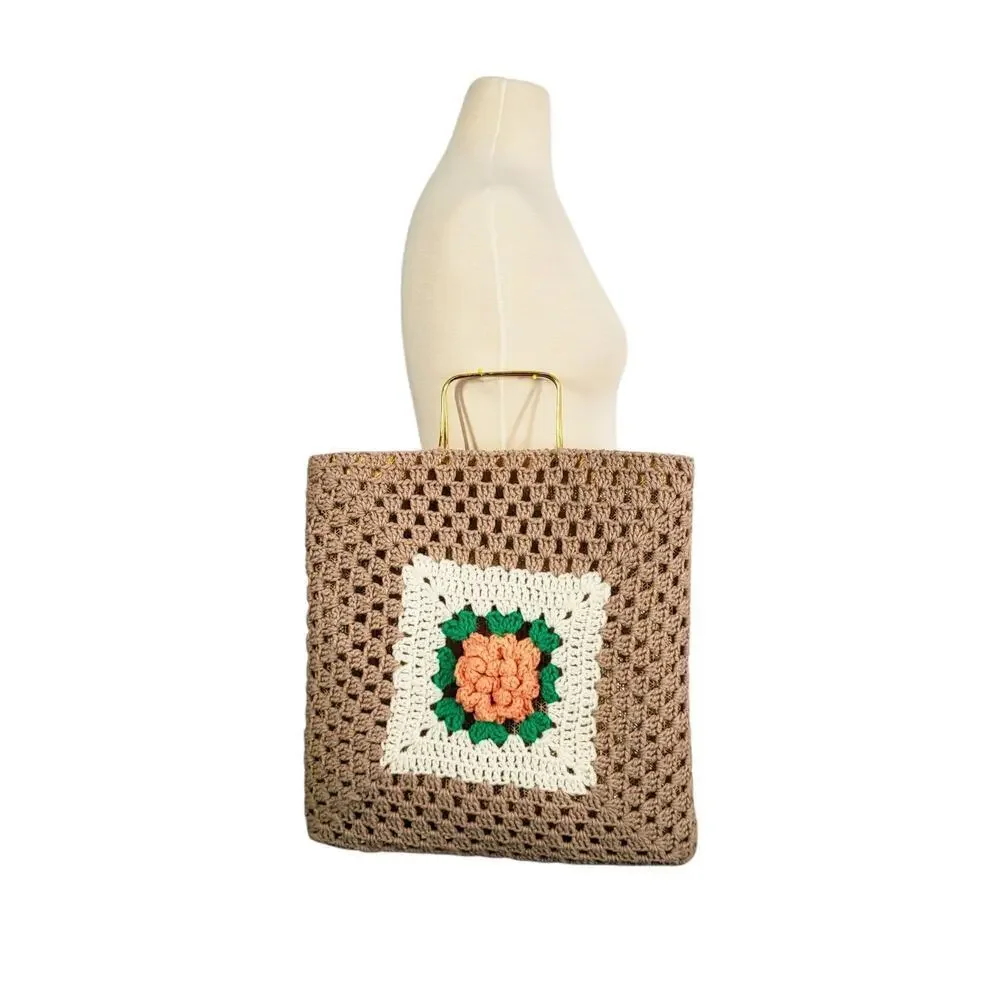 Crochet Floral Tote‎ Bag Medium Tan Orange Dimensional Flowers Boho